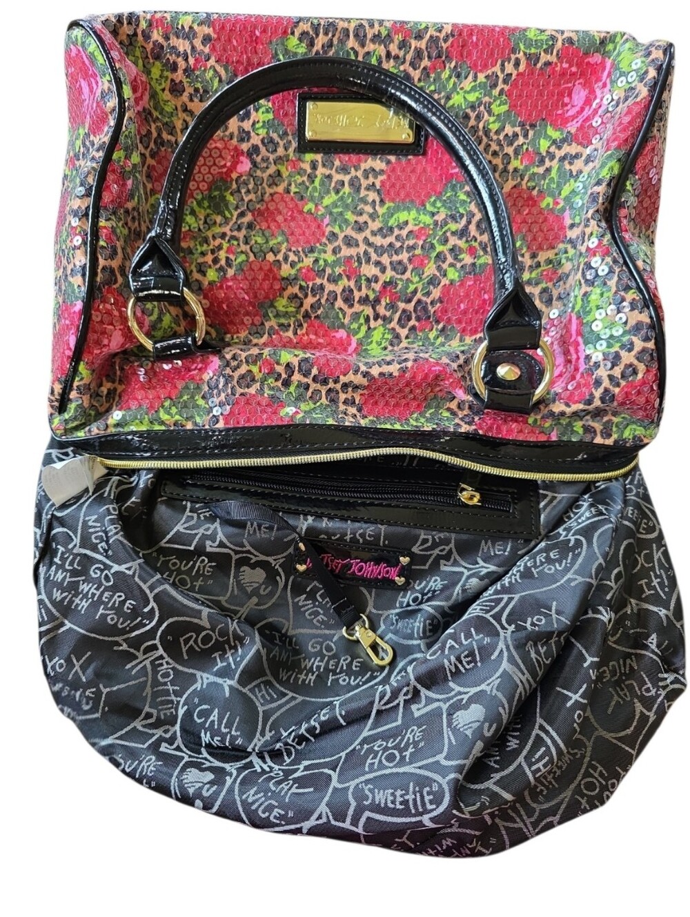 Betsey Johnson Y2K Sequin Leopard Rose Satchel Shoulder Bag Patent Purse - Picture 10 of 15